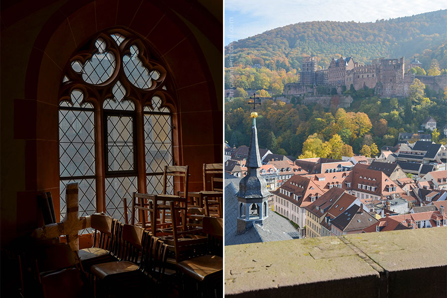 Left: Stacked chairs sit beside a window inside the Heiliggeistkirche in Heidelberg, Germany. Right, Yellow, orange, and green leaves frame the hillside above and below the Heidelberg Castle. Red rooftops of the town are visible below.