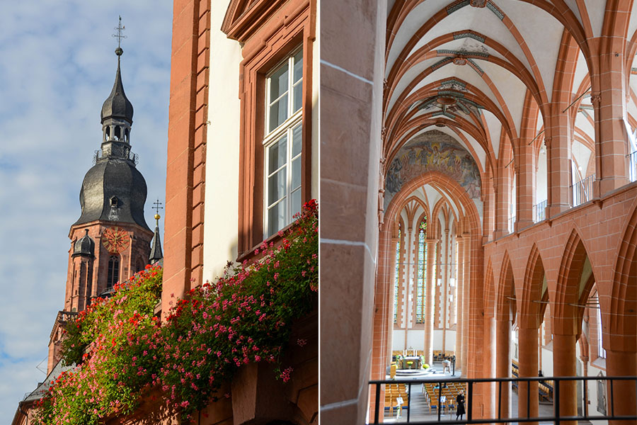 In the left photo, red and pink geraniums fill windowboxes, framing the tower of the Heiliggeistkirche in Heidelberg, Germany. On the right, the pink sandstone vaulted ceiling decorates the Heiliggeistkirche's interior.