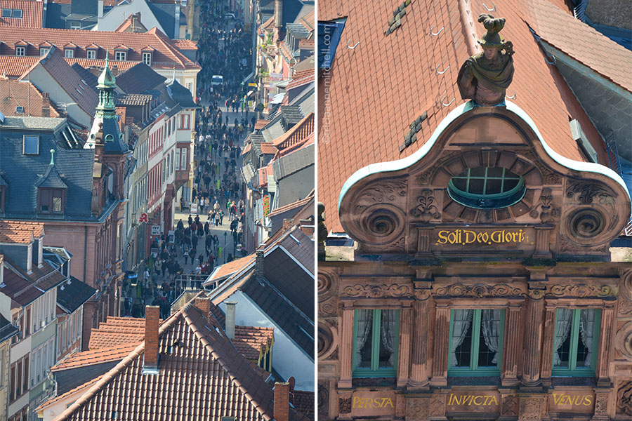 Left: An overhead view of the Hauptrasse, which is filled with tiny pedestrians. Right: The sandstone gable and facade of the Hotel zum Ritter, including Latin words: "Soli, Deo, Gloria" and "Persta, Invicta, Venus." 