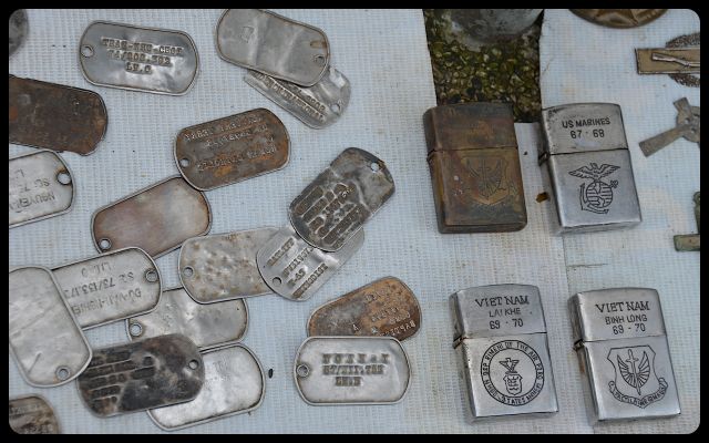 Vietnam War Dog Tags for sale in Hue, Vietnam war medals and dog tags for sale on Vietnamese sidewalk