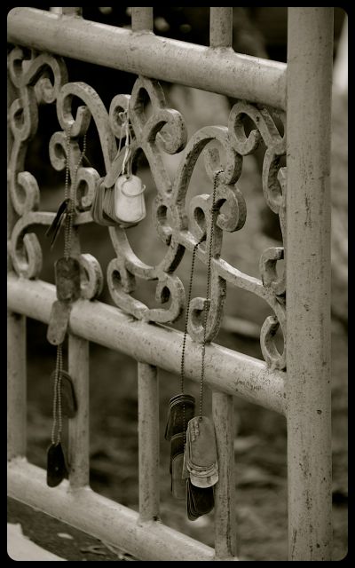 Dog Tags for Sale in Hue, Vietnam Dog tags hang on a railing at an outdoor market in the Vietnamese city of Hué.