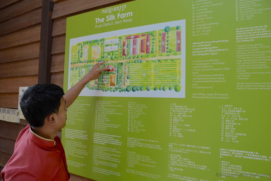 A Cambodian man points to a map at the Artisans Angkor Silk Farm, near Siem Reap, Cambodia.