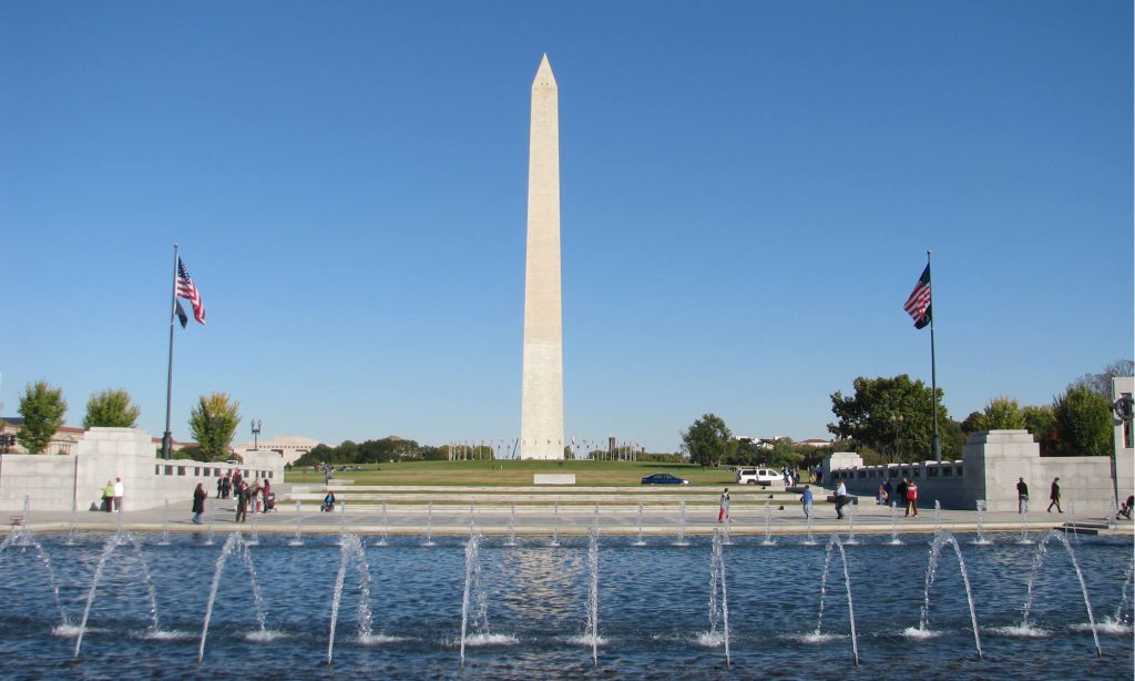Fountains run in the foreground, with the Washington Monument as the focal point.