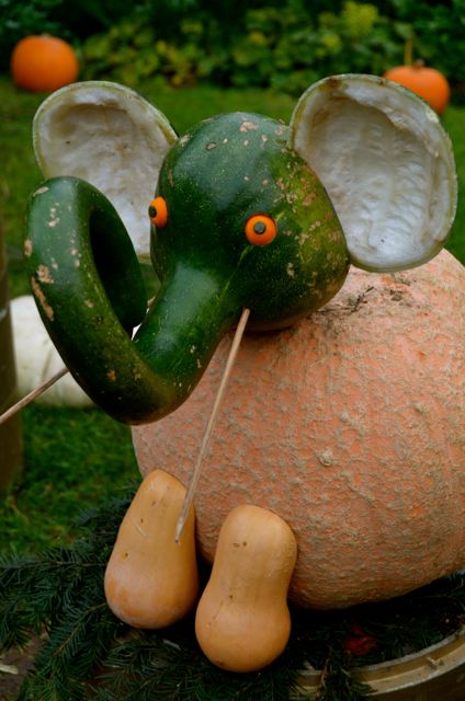 A figure resembling an elephant, is made out of pumpkins, butternut squash, and gourds at Germany's Ludwigsburg Pumpkin Fest.
