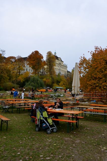 Picnic tables are set out at the Ludwigsburg Pumpkin Fest in Germany.