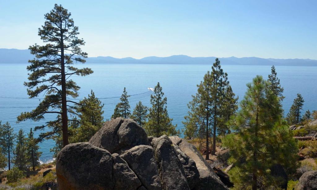 A speedboat cuts through Lake Tahoe, with mountains in the distance, and evergreen trees and rocks in the foreground.