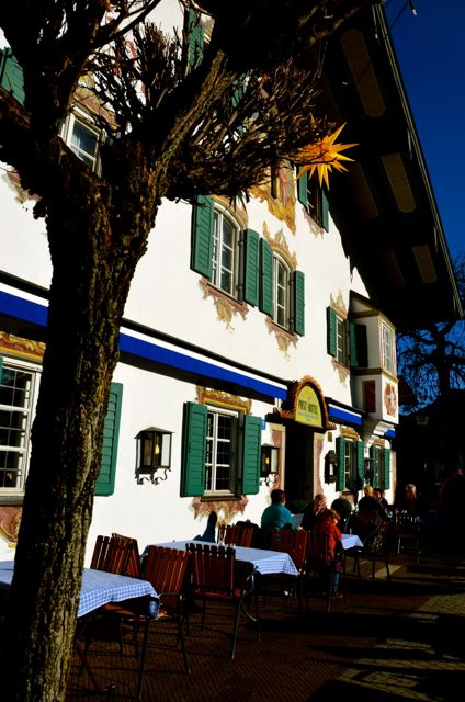 Outdoor seating at an Oberammergau restaurant.