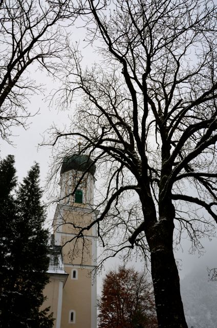 Oberammergau's main church on a grey, winter day.