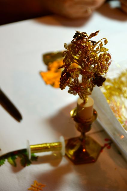 Gold embroidery on display.