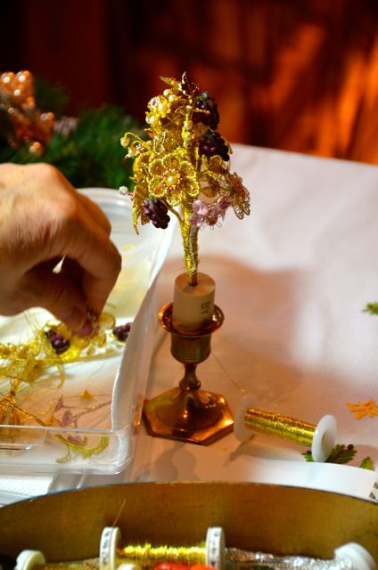 Golden embroidery on display at the Pilatushaus in Oberammergau, Germany.