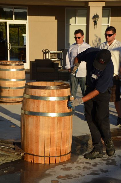A man assembles a wooden barrel at Sbragia Winery.