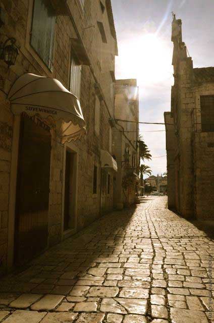 A well-worn cobbled street in Trogir, Croatia.