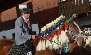 A man rides a horse with an elaborately-decorated mane, in a German village.