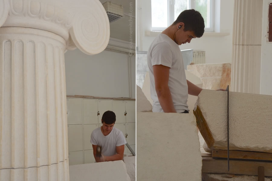 In the photograph on the left, a student at the Stonemason School in Pučišća, Croatia, uses a hammer to pound a large block of white limestone. In the photo on the right, he looks at the large block of white limestone. He is wearing earbuds.