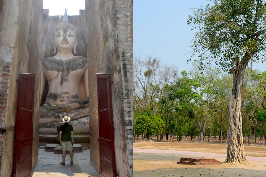 A man looks at the large Buddha figure at Wat Si Chum Temple in Sukhothai, Thailand.
