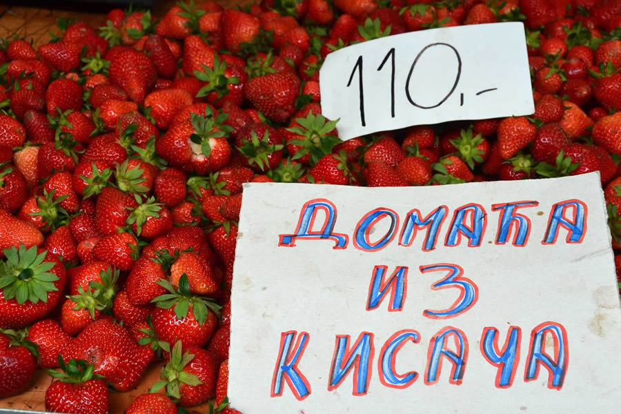 Strawberries for sale at Novi Sad's fresh market, in Serbia.