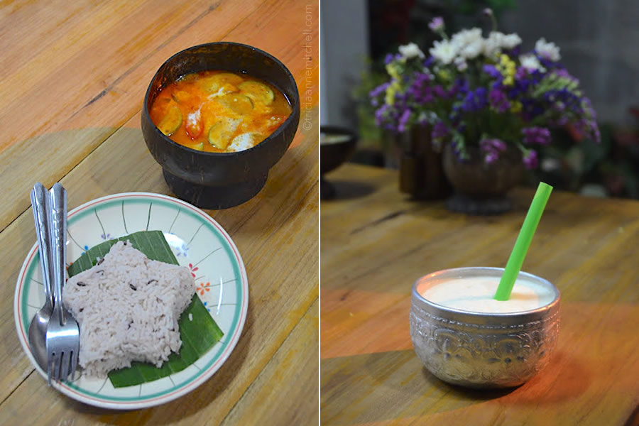 A bowl of Thai red curry and a coconut pineapple shake, in Chiang Mai, Thailand.