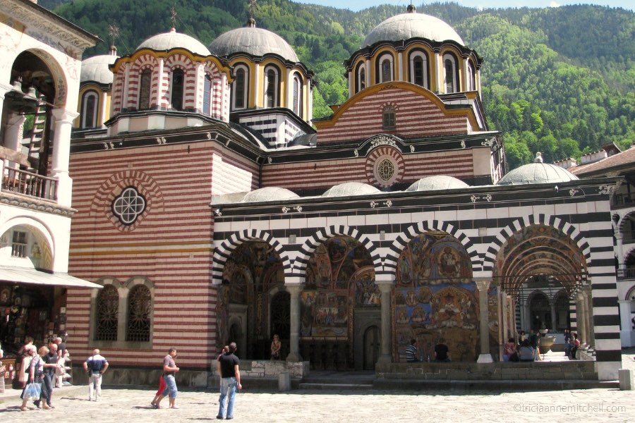 The colorful exterior of the Rila Monastery in Bulgaria.