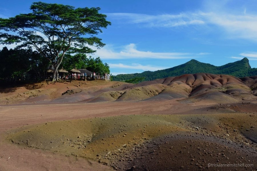 The multicolored sand dunes of the Chamarel Seven Colored Earths in Mauritius.