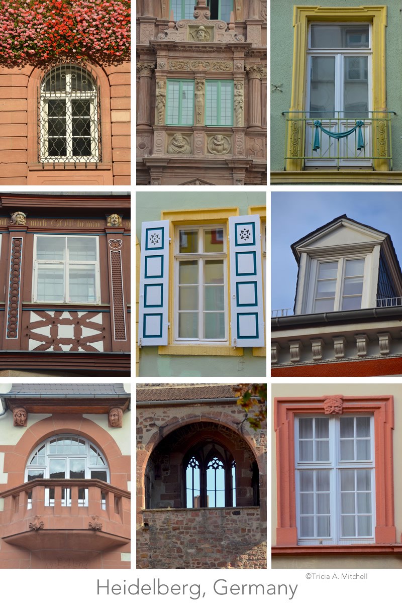A collage showcases 9 decorative windows in the Altstadt (or Old Town) of Heidelberg, Germany