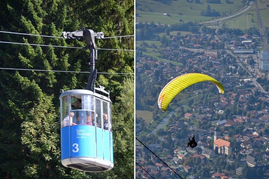 Two pictures taken from the top of the Laber Mountain in Oberammergau, Germany. On the left is a close-up of the Laber Cable Car. It is blue and several passengers are visible inside. In the photo on the right, the silhouette of a paraglider using a yellow chute is visible. He is flying over the rooftops of Oberammergau, Germany. The town's church is visible below.