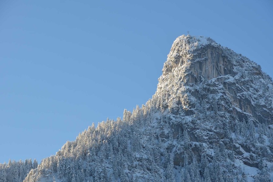Snow covers evergreen trees growing on Mount Kofel in Oberammergau, Germany. The sky is blue.