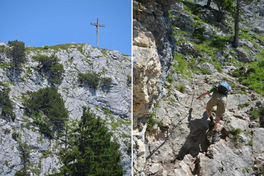 These are two photos taken while climbing the Kofel Mountain in Oberammergau, Germany. On the left is the summit of the Kofel. There is a wooden cross marking the summit, and a sheer rock face is visible. On the right, a man climbs up the mountain, holding on to a metal cable with his left hand.
