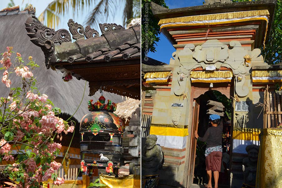 Bird in a birdcage and a woman doing construction at Ketut Liyer Home A white bird sits inside a bird cage at the home of Eat, Pray, Love guru Ketut Liyer (left) while a woman carries construction materials on her head (right).