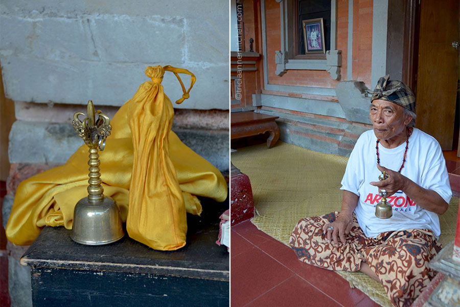 Ketut Liyer Ketut Liyer rings a brass bell while sitting on the floor on the porch outside his home.