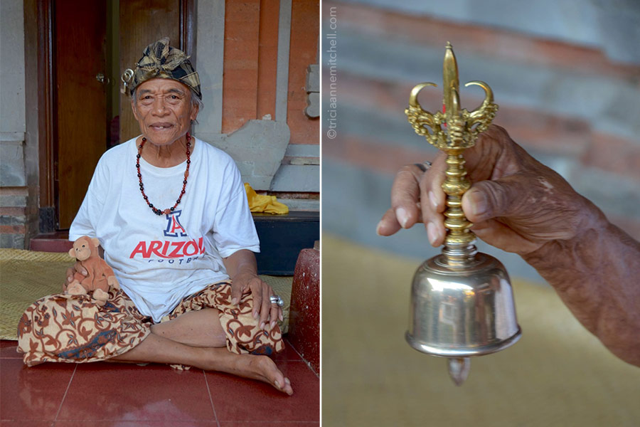 Ketut Liyer at his home in Bali. Ketut Liyer sits on his porch outside his home (left) and rings a brass bell (right).