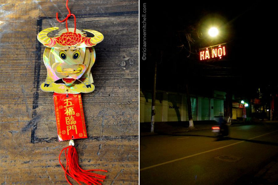 A red and gold Vietnamese ox paper ornament, for the Vietnamese Lunar New Year celebrations (left) and aperson rides a motorbike on a street in Ha Noi, Vietnam, at night (right).