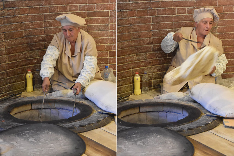 Using tongs, a woman removes baked lavash flatbread from a tonir oven (left). On the right, a woman removes cooked lavash from an oven and places it in a pile of cooked bread.