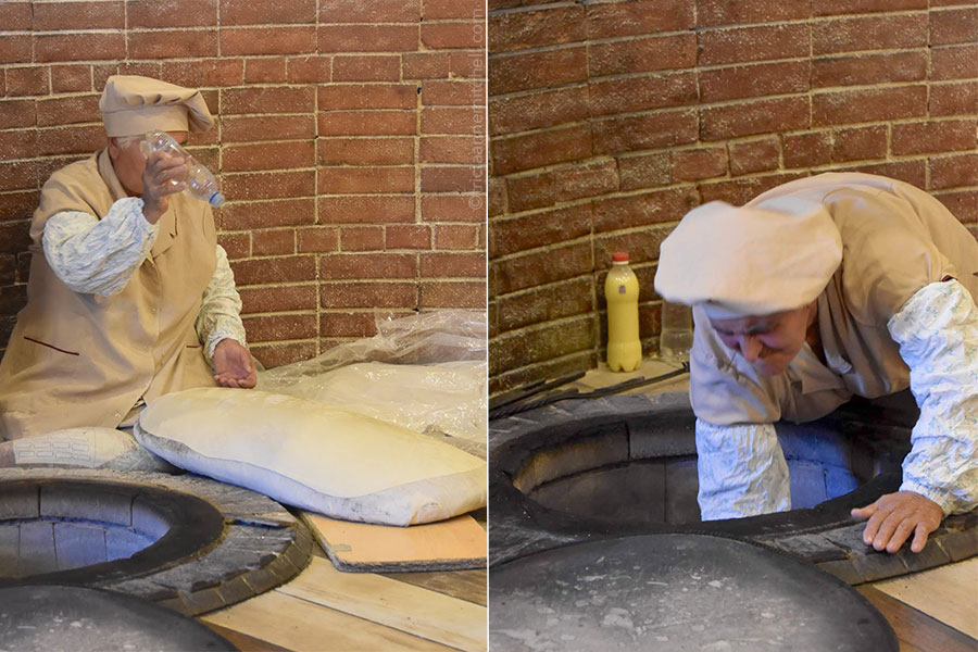 A baker sprays liquid onto rolled-out lavash flatbread dough (left). A woman slaps dough onto the walls of a below-ground oven (right).