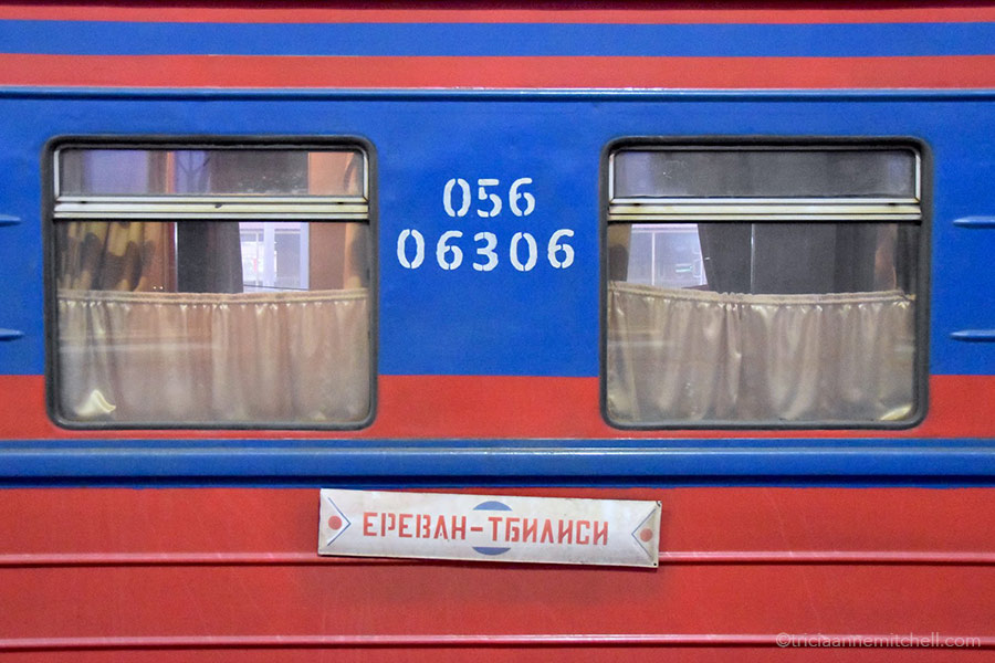 The red and blue exterior of the Tbilisi (Georgia) to Yerevan (Armenia) train.