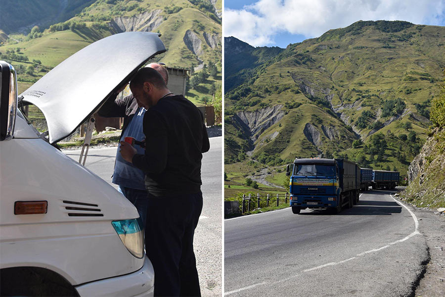 Men repairing a white van look under its hood (left). Several trucks climb a curvy, mountainous road on Georgia's Military Highway (right).