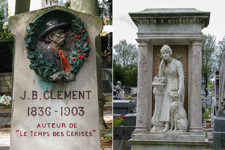 Left: Headstone of author J.B. Clement, the author of the book, Le Temps des Cerises (Cherry Season). A sculpted likeness of the man's face is surrounded by a green wreath with red cherries. Right: Mausoleum of the Famille Daumy. A statue of a woman stands with a large dog in the entrance of the mausoleum.