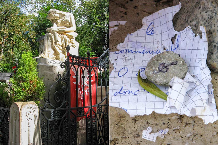 Frederic Chopin's grave in the Pere Lachaise Cemetery in paris features a white statue of a seated woman hunched over in grief. It is bordered by a black iron gate. A red Polish flag is draped over the gate.