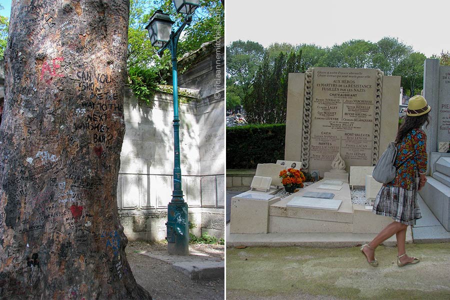 Left: Near Jim Morrison's grave in Paris' Pere Lachaise Cemetery grows a tree whose trunk contains grafitti from fans. Right: A woman walks past a grave dedicated to Resistance heroes. The text reads "Aux heros et martyrs de la Resistance fusilles par les Nazis."