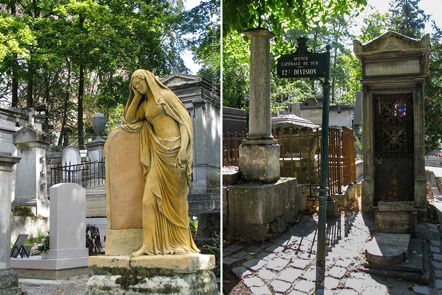 Headphones at Pere Lachaise Cemetery in Paris. On the left is a figure of a woman resting her head and shoulder on a headstone. On the right is a small mausoleum, with a sign that reads" Avenue Latérale du sud, 12th Division"