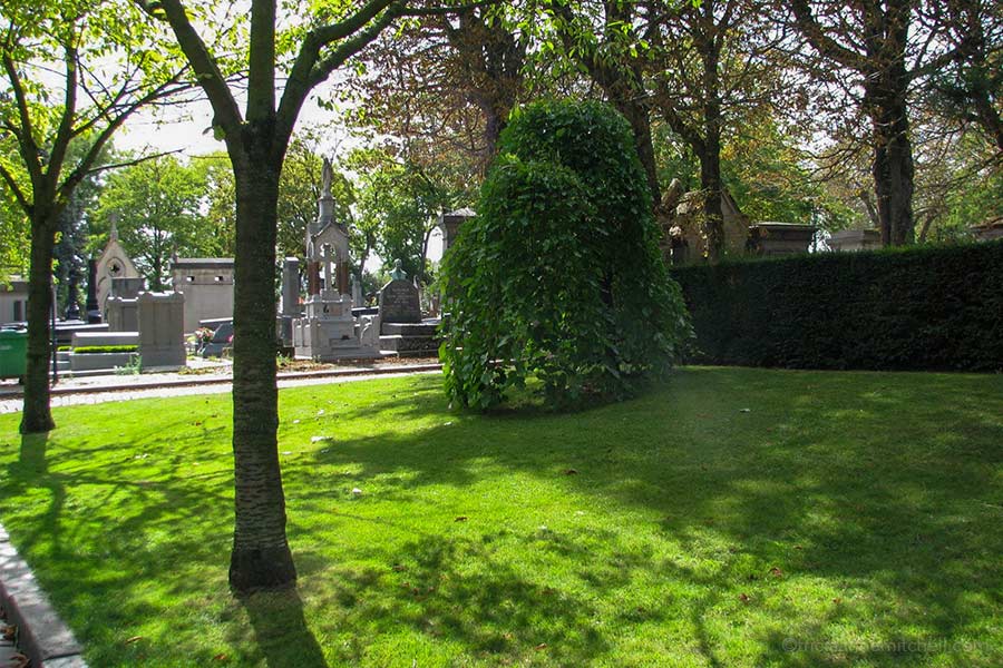 Trees cast shadows on the green lawn of Paris' Pere Lachaise Cemetery. There are a few headstones and mausoleums in the background.