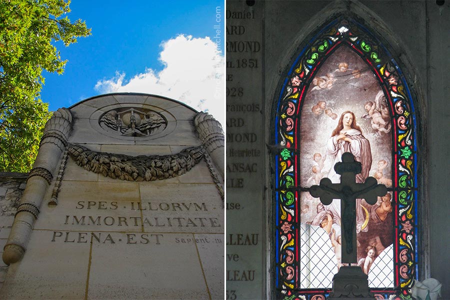 Left: Detail of the entrance of Père Lachaise Cemetery. The Latin text reads “Spes illorum. Immortalitate Plena Est.” Right: The interior of a family mausoleum features a silhouetted cross with a stained glass background.