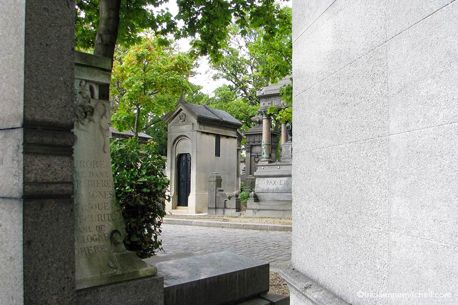 Grey mausoleums of varying sizes line a cemetery street with the green foliage of trees overhead. 