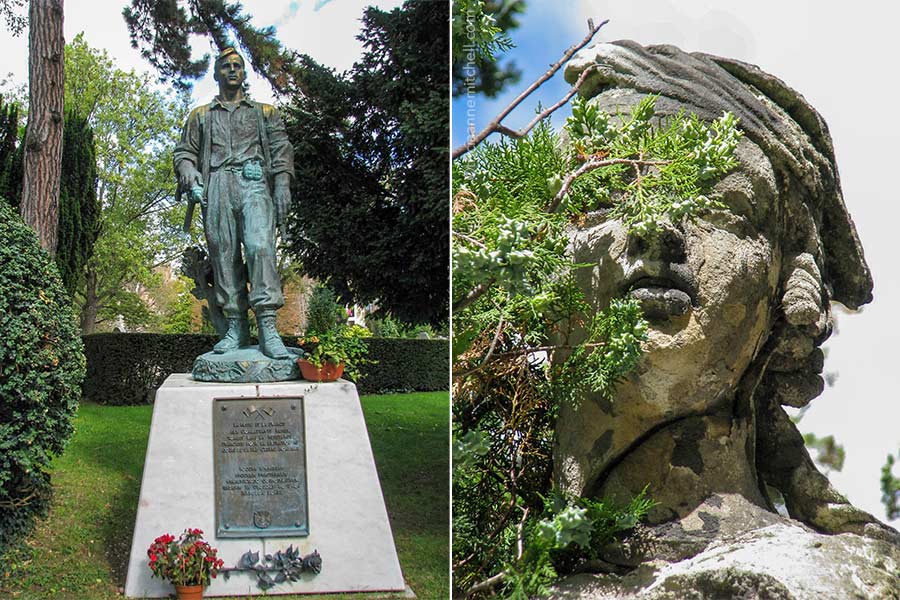 A copper statue of a a man standing atop a memorial. The plaque on the base reads: Aux Combattants Russes tombes dans la resistance francaise pour la liberation au cours de la deuxieme guerre mondiale.
