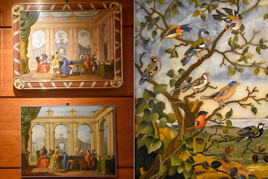 Three wall panels created either via the Florentine marquetry technique or via painting.