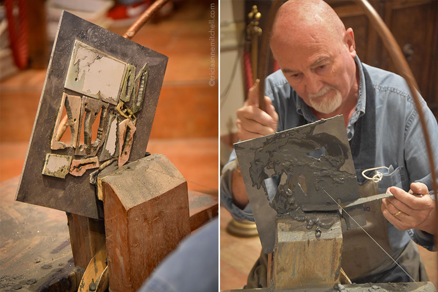 Using a wooden bow saw, master artisan Renzo Scarpelli cuts stone with an iron wire.