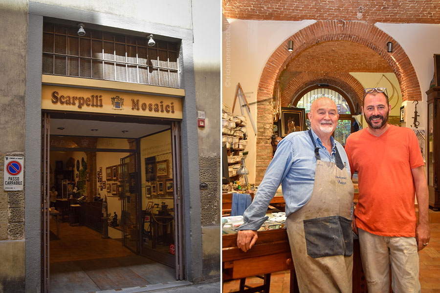 Florentine marquetry masters Renzo and Leonardo Scarpelli stand inside their Florence, Italy workshop.