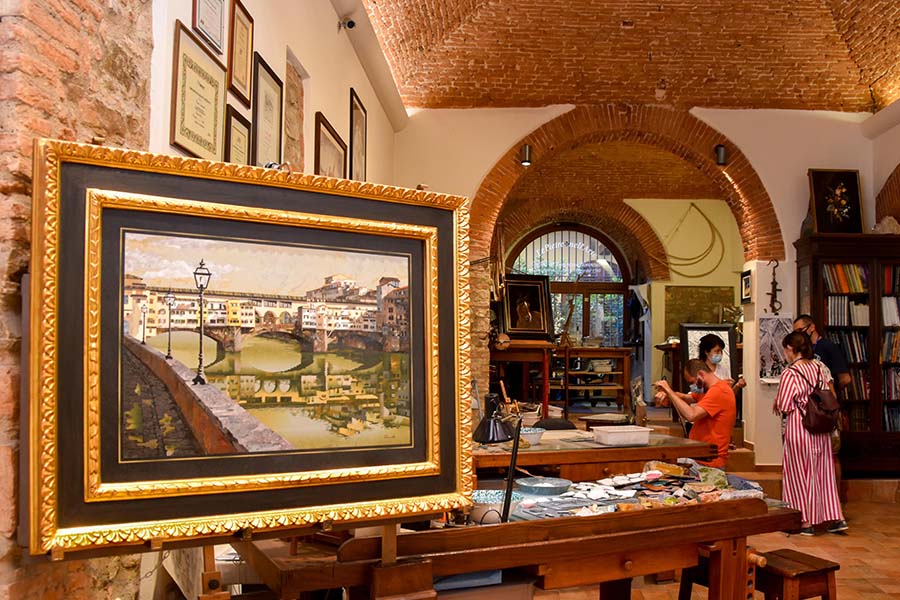 The interior of Scarpelli Mosaici boutique and workshop in Florence, Italy.