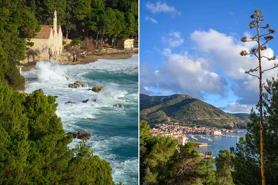 Left: waves crash onto the shore near an old stone church. Right: The silhouette of an agave tree, overlooking a coastal town with old stone buildings