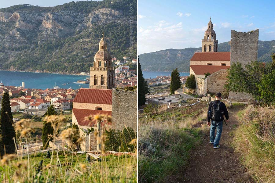 The belltower and ruined stone tower of a centuries-old church in Komiza, Croatia. In the photo on the right, Shawn walks on a trail past the church.