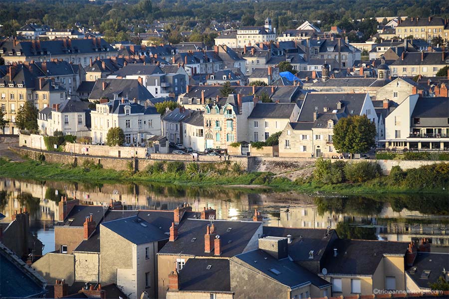 A view of Saumur's slate rooftops and Offard Island. The city center on one bank of the Loire is separated by the river.